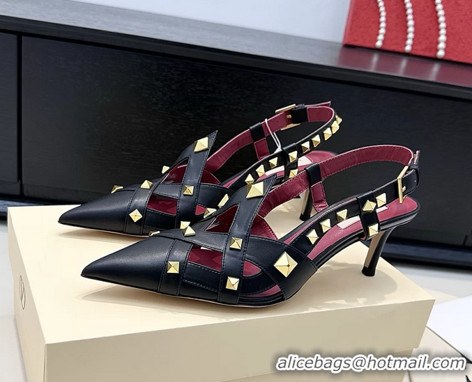 Sophisticated Valentino Rockstud Studdy Black Leather Slingback Pumps 70MM 6060805