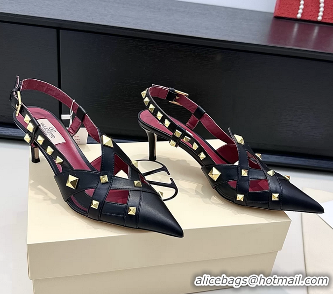 Sophisticated Valentino Rockstud Studdy Black Leather Slingback Pumps 70MM 6060805
