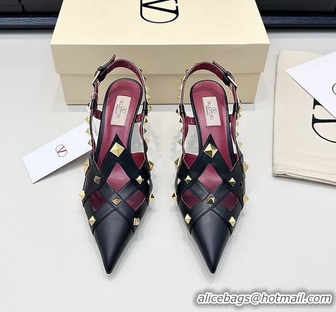 Sophisticated Valentino Rockstud Studdy Black Leather Slingback Pumps 70MM 6060805