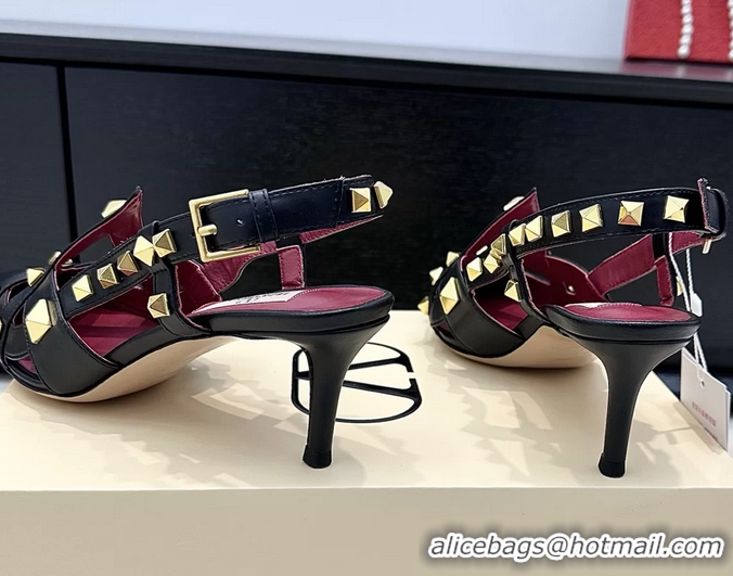 Sophisticated Valentino Rockstud Studdy Black Leather Slingback Pumps 70MM 6060805