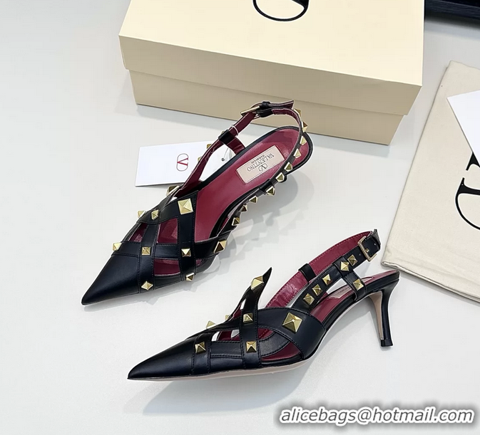 Sophisticated Valentino Rockstud Studdy Black Leather Slingback Pumps 70MM 6060805