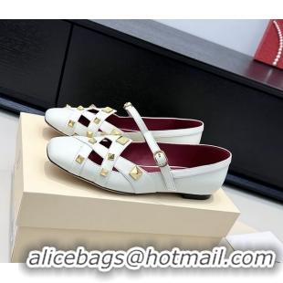 Grade Quality Valentino Rockstud Studdy White Leather Mary Janes Ballet Flats 6060806