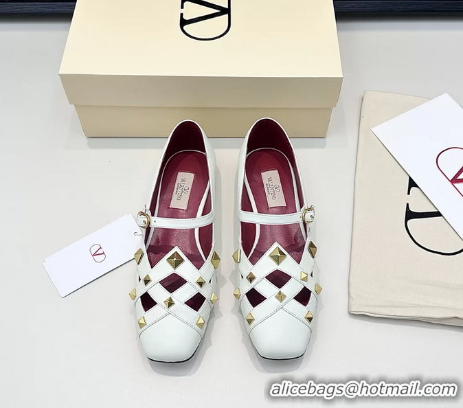 Grade Quality Valentino Rockstud Studdy White Leather Mary Janes Ballet Flats 6060806