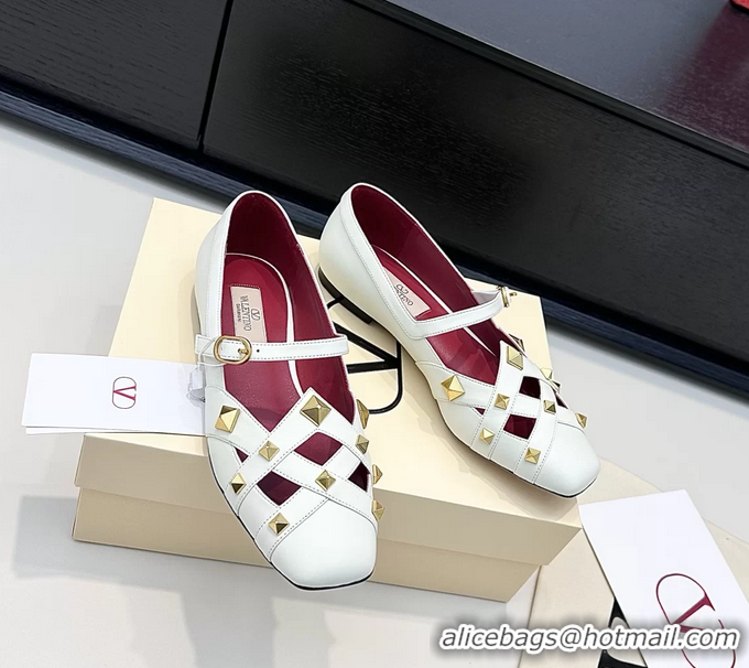 Grade Quality Valentino Rockstud Studdy White Leather Mary Janes Ballet Flats 6060806