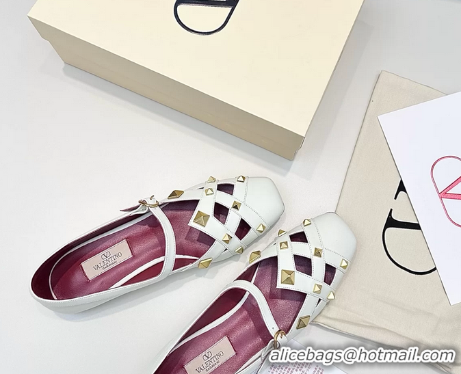 Grade Quality Valentino Rockstud Studdy White Leather Mary Janes Ballet Flats 6060806