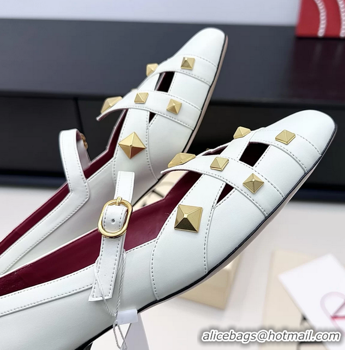 Grade Quality Valentino Rockstud Studdy White Leather Mary Janes Ballet Flats 6060806