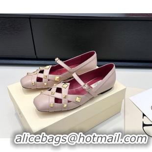 Charming Valentino Rockstud Studdy Pink Leather Mary Janes Ballet Flats 6060806