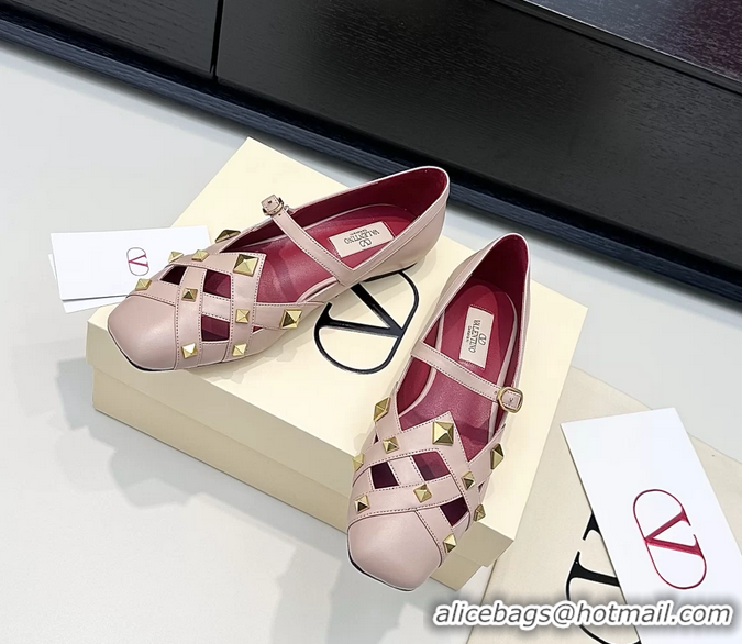 Charming Valentino Rockstud Studdy Pink Leather Mary Janes Ballet Flats 6060806