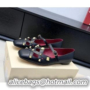 Top Grade Valentino Rockstud Studdy Black Leather Mary Janes Ballet Flats 6060806