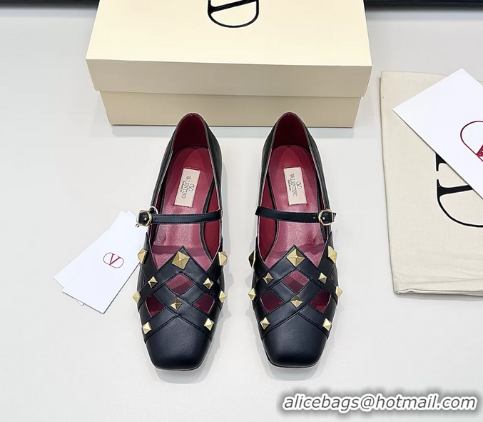 Top Grade Valentino Rockstud Studdy Black Leather Mary Janes Ballet Flats 6060806