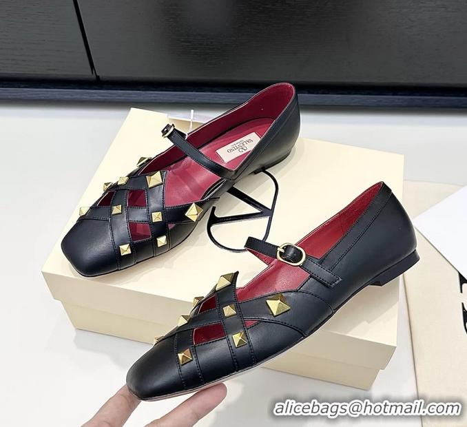 Top Grade Valentino Rockstud Studdy Black Leather Mary Janes Ballet Flats 6060806