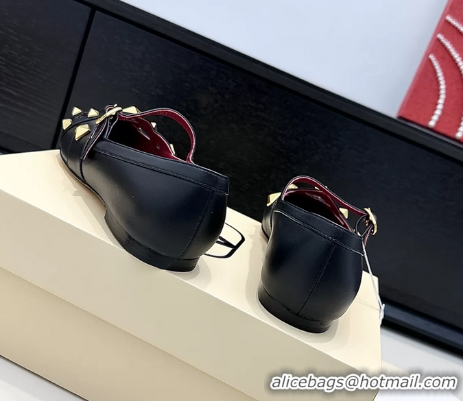 Top Grade Valentino Rockstud Studdy Black Leather Mary Janes Ballet Flats 6060806