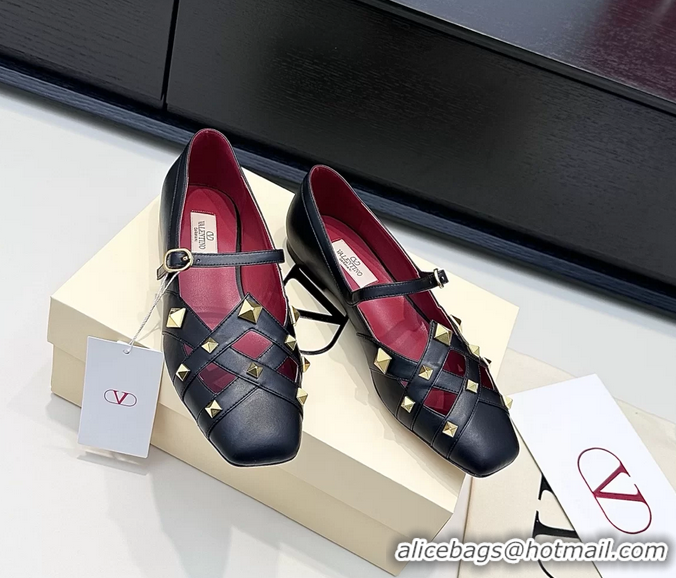 Top Grade Valentino Rockstud Studdy Black Leather Mary Janes Ballet Flats 6060806