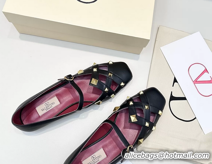 Top Grade Valentino Rockstud Studdy Black Leather Mary Janes Ballet Flats 6060806