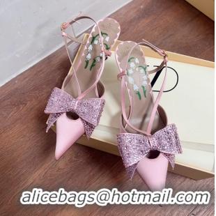Top Design Valentino Bowow Embellished Satin Slingback Pumps Light Pink 80MM 6060807