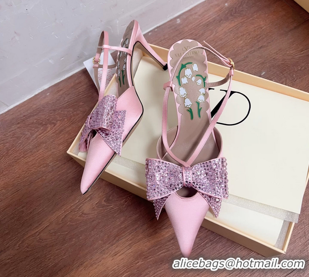 Top Design Valentino Bowow Embellished Satin Slingback Pumps Light Pink 80MM 6060807