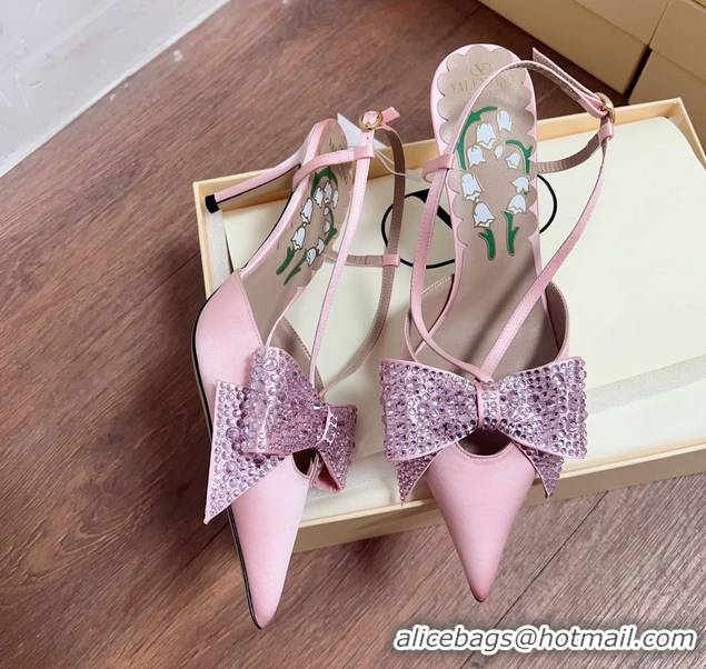 Top Design Valentino Bowow Embellished Satin Slingback Pumps Light Pink 80MM 6060807