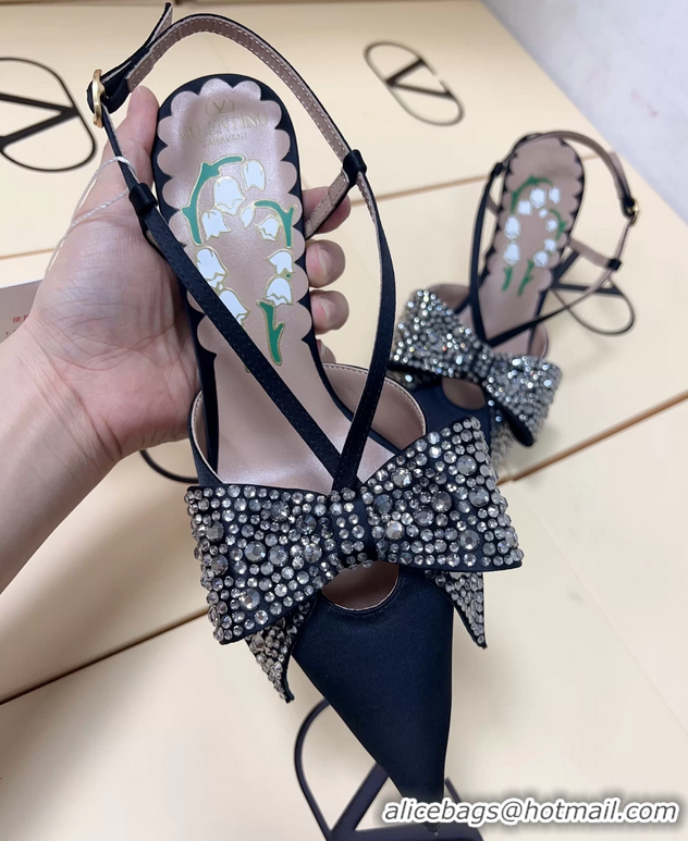 Sumptuous Valentino Bowow Embellished Satin Slingback Pumps Navy 80MM 6060807