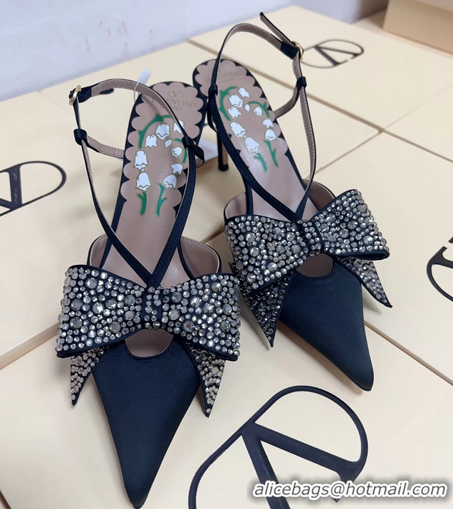 Sumptuous Valentino Bowow Embellished Satin Slingback Pumps Navy 80MM 6060807