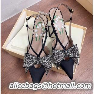 Popular Style Valentino Bowow Embellished Satin Slingback Pumps Black 80MM 6060807