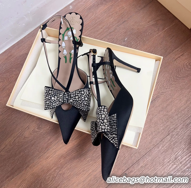 Popular Style Valentino Bowow Embellished Satin Slingback Pumps Black 80MM 6060807