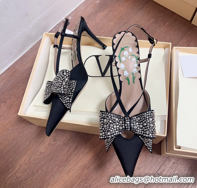 Popular Style Valentino Bowow Embellished Satin Slingback Pumps Black 80MM 6060807