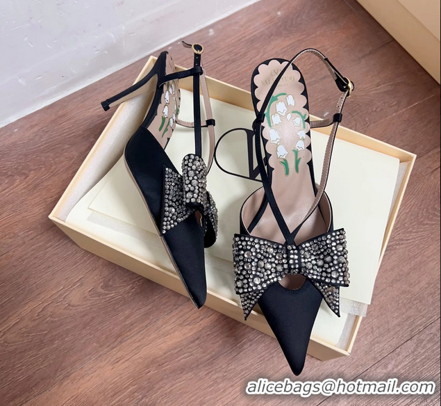 Popular Style Valentino Bowow Embellished Satin Slingback Pumps Black 80MM 6060807