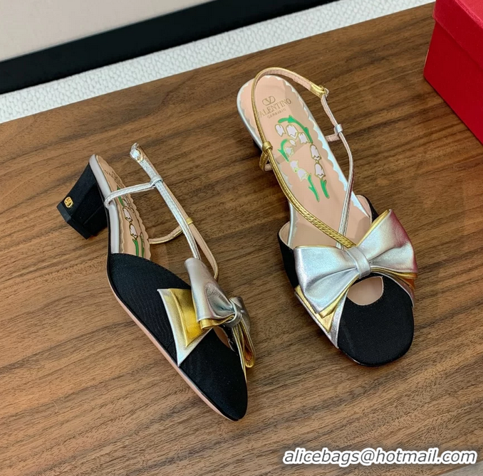 Top Grade Valentino Garavani Bowow Laminated Nappa Slingback Pumps Black Silver 40MM 6060810