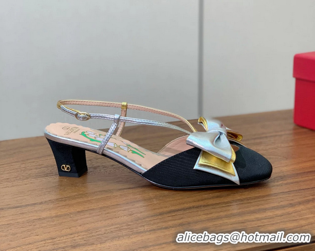 Top Grade Valentino Garavani Bowow Laminated Nappa Slingback Pumps Black Silver 40MM 6060810