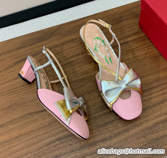 Low Price Valentino Garavani Bowow Laminated Nappa Slingback Pumps Pink Silver 40MM 6060810