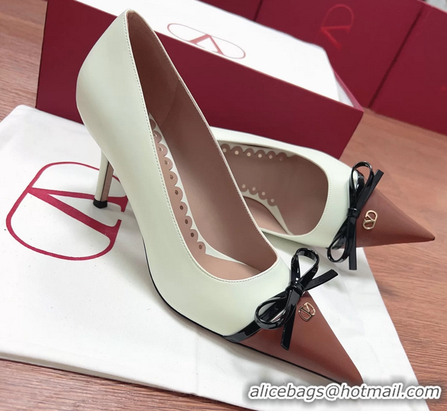 Grade Quality Valentino Vlogo Bepointy Slingback Pump White Brown Patent Leather And Kidskin 85MM 6060901