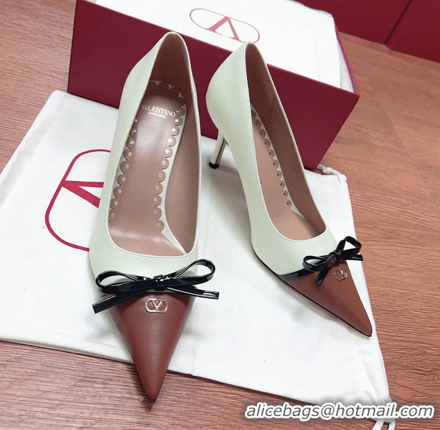 Grade Quality Valentino Vlogo Bepointy Slingback Pump White Brown Patent Leather And Kidskin 85MM 6060901