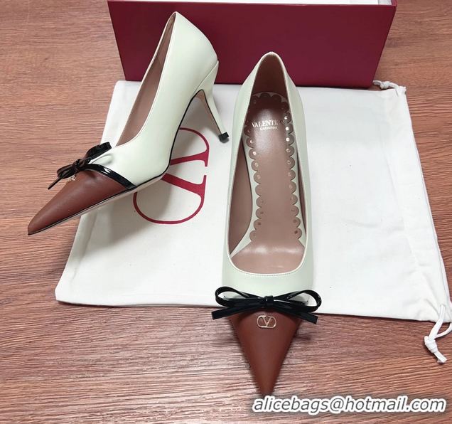 Grade Quality Valentino Vlogo Bepointy Slingback Pump White Brown Patent Leather And Kidskin 85MM 6060901