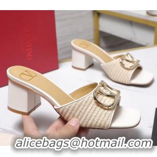 Good Looking Valentino Vlogo Raffia and Leather Heeled Slides Sandals Beige White 55MM 6060905