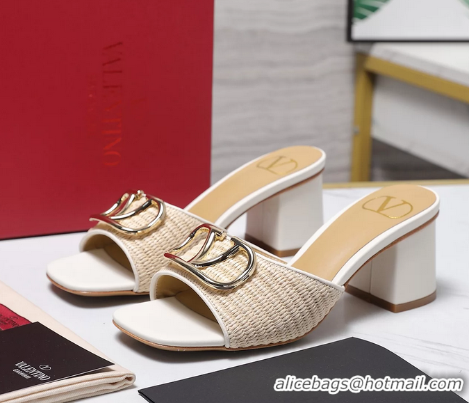 Good Looking Valentino Vlogo Raffia and Leather Heeled Slides Sandals Beige White 55MM 6060905