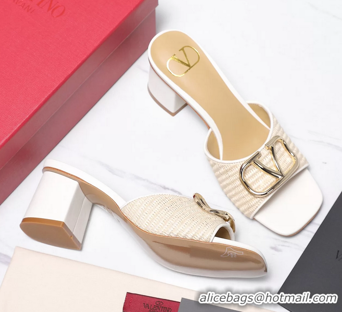 Good Looking Valentino Vlogo Raffia and Leather Heeled Slides Sandals Beige White 55MM 6060905