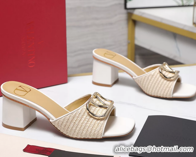 Good Looking Valentino Vlogo Raffia and Leather Heeled Slides Sandals Beige White 55MM 6060905
