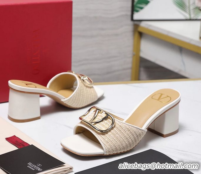 Good Looking Valentino Vlogo Raffia and Leather Heeled Slides Sandals Beige White 55MM 6060905