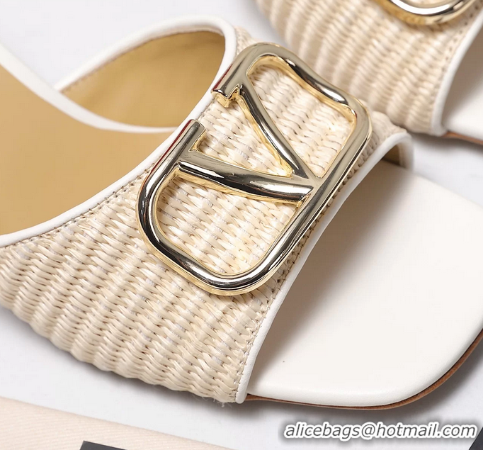 Good Looking Valentino Vlogo Raffia and Leather Heeled Slides Sandals Beige White 55MM 6060905
