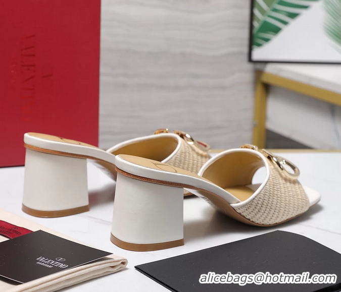 Good Looking Valentino Vlogo Raffia and Leather Heeled Slides Sandals Beige White 55MM 6060905