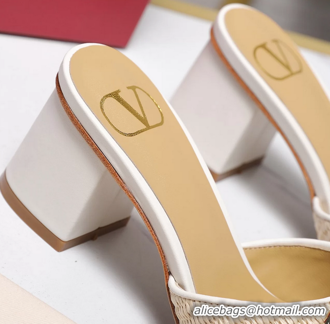 Good Looking Valentino Vlogo Raffia and Leather Heeled Slides Sandals Beige White 55MM 6060905