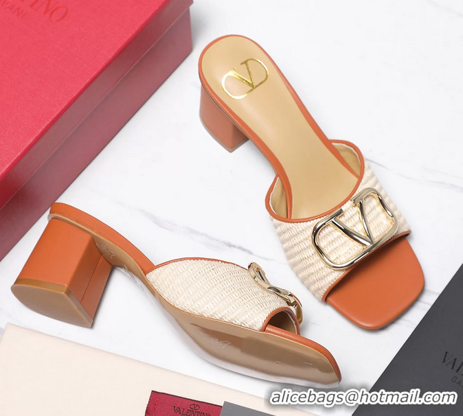 Most Popular Valentino Vlogo Raffia and Leather Heeled Slides Sandals Beige Brown 55MM 6060904