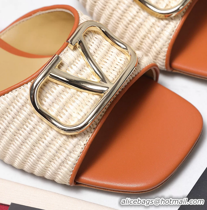Most Popular Valentino Vlogo Raffia and Leather Heeled Slides Sandals Beige Brown 55MM 6060904