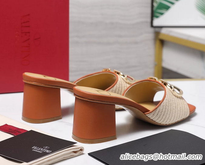 Most Popular Valentino Vlogo Raffia and Leather Heeled Slides Sandals Beige Brown 55MM 6060904