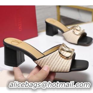 Cheap Ladies Valentino Vlogo Raffia and Leather Heeled Slides Sandals Beige Black 55MM 6060904
