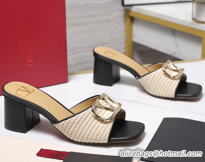 Cheap Ladies Valentino Vlogo Raffia and Leather Heeled Slides Sandals Beige Black 55MM 6060904