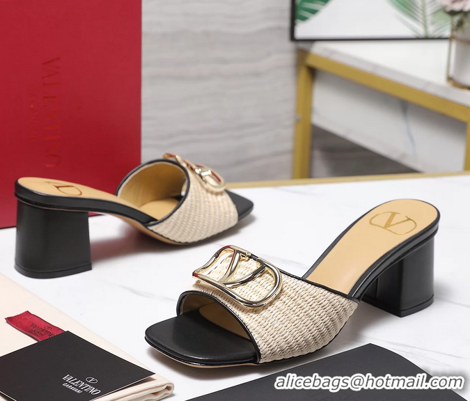 Cheap Ladies Valentino Vlogo Raffia and Leather Heeled Slides Sandals Beige Black 55MM 6060904
