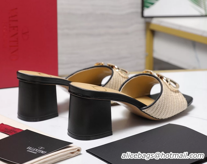 Cheap Ladies Valentino Vlogo Raffia and Leather Heeled Slides Sandals Beige Black 55MM 6060904