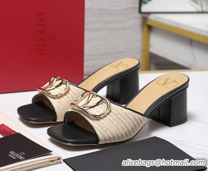 Cheap Ladies Valentino Vlogo Raffia and Leather Heeled Slides Sandals Beige Black 55MM 6060904