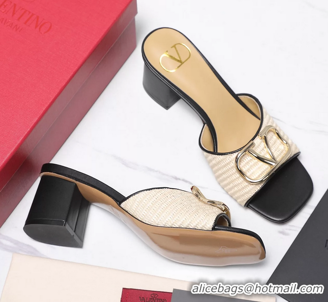 Cheap Ladies Valentino Vlogo Raffia and Leather Heeled Slides Sandals Beige Black 55MM 6060904